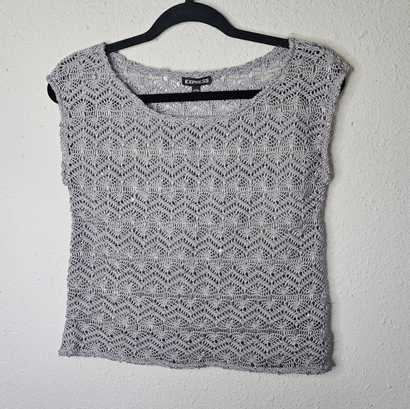 Express Crochet Vest Popover Womens XS Sleeveless Open Knit Sequin Sparkle Boxy - Picture 1 of 8